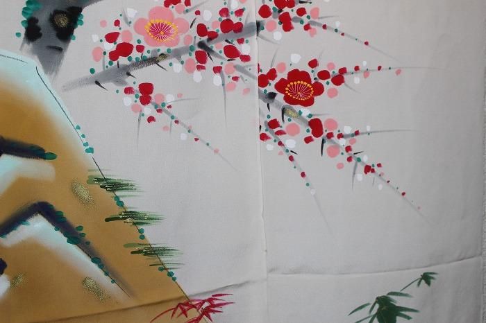 加賀のれん　花嫁のれん　おしどり　郷土 E-246加賀花嫁暖簾 おしどり文 正絹五巾 木瓜家紋付 - 石川県