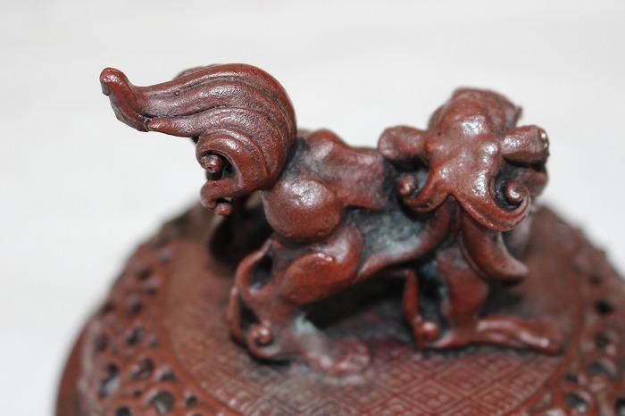 D-392高岡銅器蝋型鋳銅獅子香炉 日展作家 三代須賀月真造 - 石川