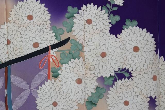 E-289加賀花嫁暖簾菊紋 正絹錦紗四巾 雪輪に下藤家紋 - 石川県
