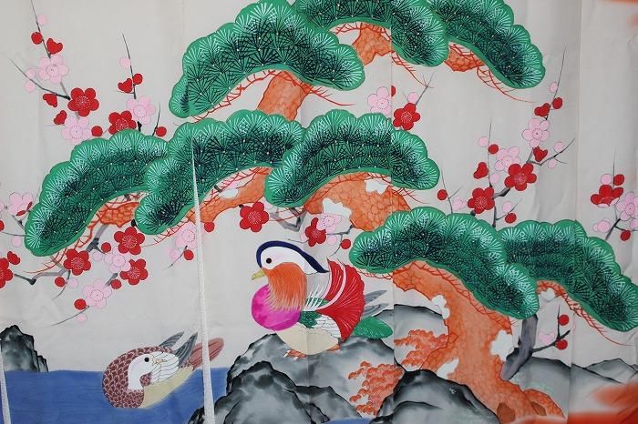 E-301加賀花嫁暖簾松梅に鴛紋正絹五巾 五三の桐家紋 - 石川県