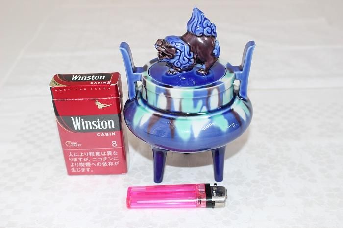 I-416九谷焼碧明耀変獅子香炉 人間国宝三代徳田八十吉作 - 石川