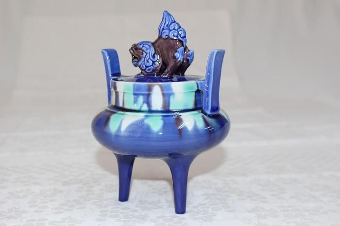 I-416九谷焼碧明耀変獅子香炉 人間国宝三代徳田八十吉作 - 石川