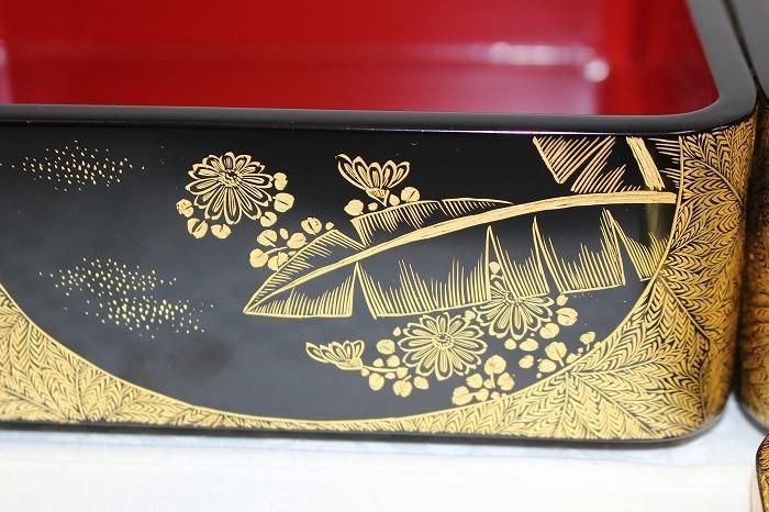 BJ075 新品同様 石川堂謹製 輪島塗 布着本堅地 家紋蔦金蒔絵 五