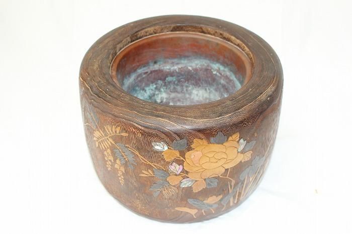 C-419金沢市伝統工芸品桐製火鉢牡丹文蒔絵螺鈿付火鉢一客 - 石川