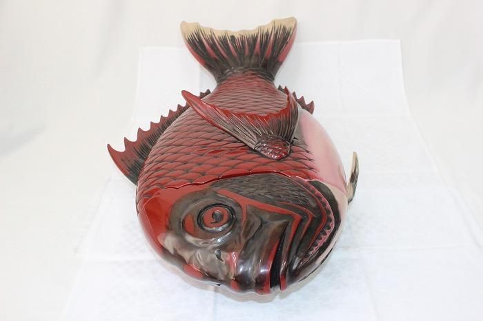 A962 輪島塗 鯛 木製木彫り 器 菓子器 祝事 昭和アンティーク 目出鯛器