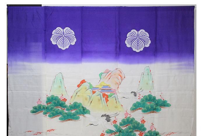 Y 2825 花嫁暖簾 加賀 正絹 着物 アンティーク 暖簾 紫 鳳凰 五三桐