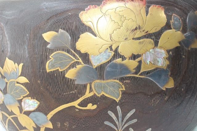 C-455金沢市伝統工芸品桐火鉢秋花文螺鈿蒔絵付特大火鉢 - 石川県