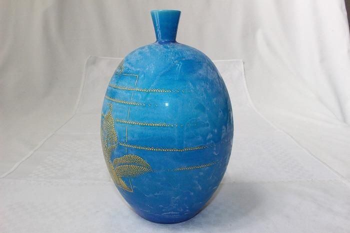 K-1736九谷焼青釉金点描彩花文花瓶 九谷蘆湖窯三代住田正実作 - 石川県