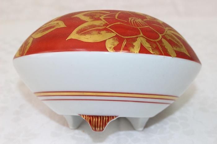 K-1744九谷焼染付金襴手椿文香炉 石川無形文化財高木松生作
