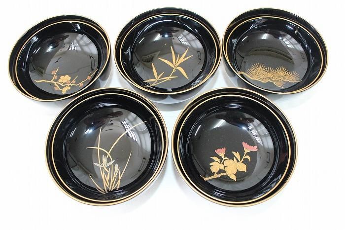 【期間限定！最安値挑戦】 BJ006 鈍い 切金 高盛 五客 吸物椀 四君子金蒔絵 時代輪島塗 工芸品