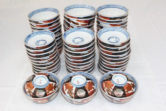 K-1816九谷焼色染付間取花文蓋茶碗全33客バラ売 - 石川県金沢