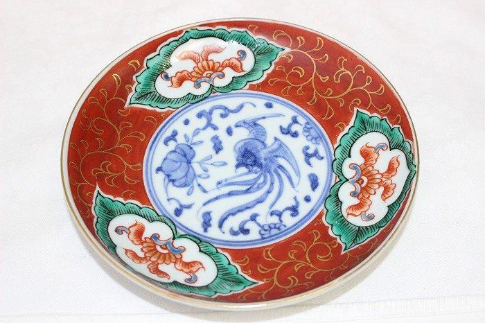 金彩色絵染付 大皿 （有田焼】飾り絵皿（大）染錦金彩藤図