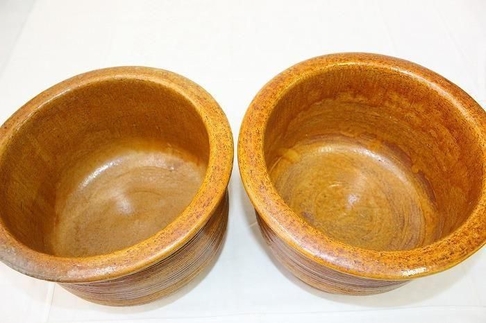 A-1447大樋焼飴釉飯胴形糸目火鉢一対 九代大樋長左衛門作 - 石川県金沢