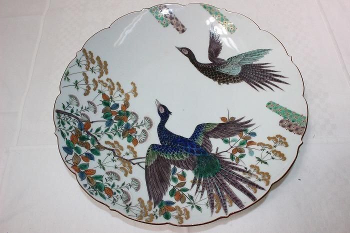 K-1869九谷焼色染付花鳥文尺飾皿 名工三代上出喜山作 - 石川県