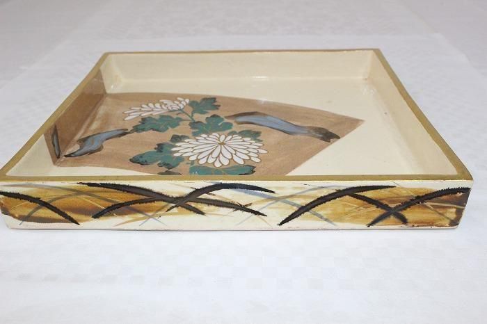K-1895九谷焼色染付菊文四方皿 金沢中村梅山作 - 石川県金沢の