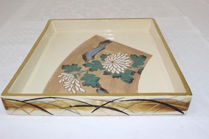 K-1895九谷焼色染付菊文四方皿 金沢中村梅山作 - 石川県金沢の