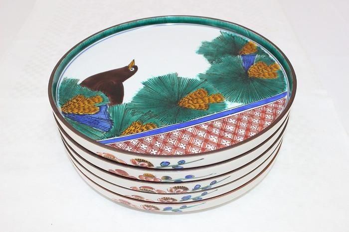 K-1903九谷焼色染付絵変四季の図八寸盛皿5客揃え 芸術院会員浅