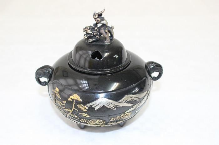 D-660高岡銅器鋳銅山水文獅子香炉 金工師鳳泉作 - 石川県金沢の