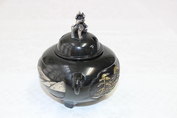 D-660高岡銅器鋳銅山水文獅子香炉 金工師鳳泉作 - 石川県金沢の