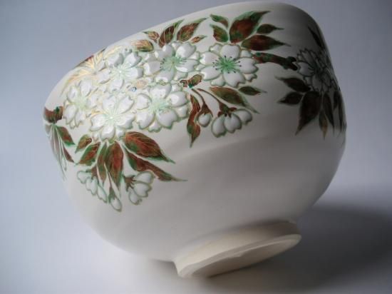 白灰釉 御衣黄桜絵茶碗 (共箱)中村良二 - 茶道具販売 栗林園 白灰釉 御衣黄桜絵茶碗 (共箱)中村良二 - 茶道具販売 栗林園