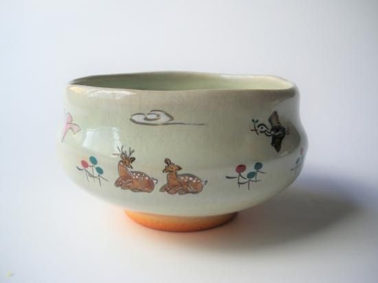 赤膚焼 奈良絵 瑞鳥 旅茶碗 (紙箱)昭山窯 - 茶道具販売 栗林園