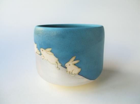 青釉 追いうさぎ茶碗 (共箱)通次智子 - 茶道具販売 栗林園