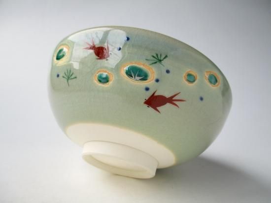 八木海峰　平茶碗　青磁　金魚　茶道具 青磁 金魚絵平茶碗 (紙箱)八木海峰 - 茶道具販売 栗林園