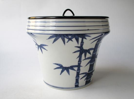 膳所焼 染付 竹絵水指 (共箱)陽炎園 岩崎新定 - 茶道具販売 栗林園 膳所焼 染付 竹絵水指 (共箱)陽炎園 岩崎新定 - 茶道具販売 栗林園