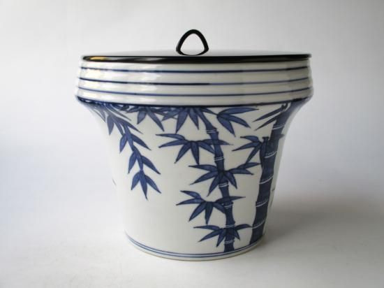膳所焼 染付 竹絵水指 (共箱)陽炎園 岩崎新定 - 茶道具販売 栗林園 膳所焼 染付 竹絵水指 (共箱)陽炎園 岩崎新定 - 茶道具販売 栗林園