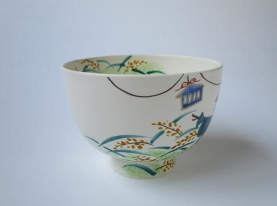 色絵 稲穂に案山子茶碗 (紙箱)加藤永山 - 茶道具販売 栗林園