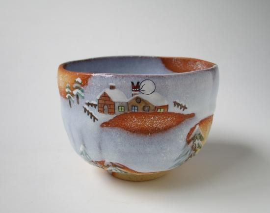 山岡善昇作　色絵　山の端の月　茶碗　共箱　略歴付　茶道具 山岡善昇作 色絵 山の端の月 茶碗 共箱 略歴付 茶道具 山岡善