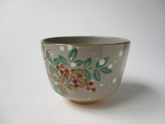 乾山写 雪南天絵茶碗 (共箱)南口閑粋 - 茶道具販売 栗林園