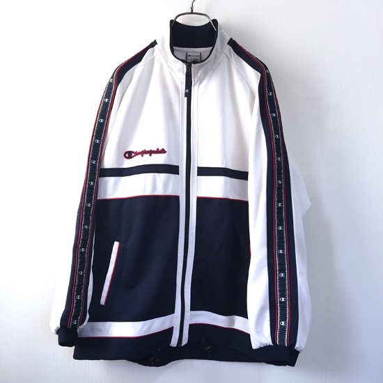 Champion トラックジャケット 袖ロゴライン 白×紺(ホワイト×ネイビー