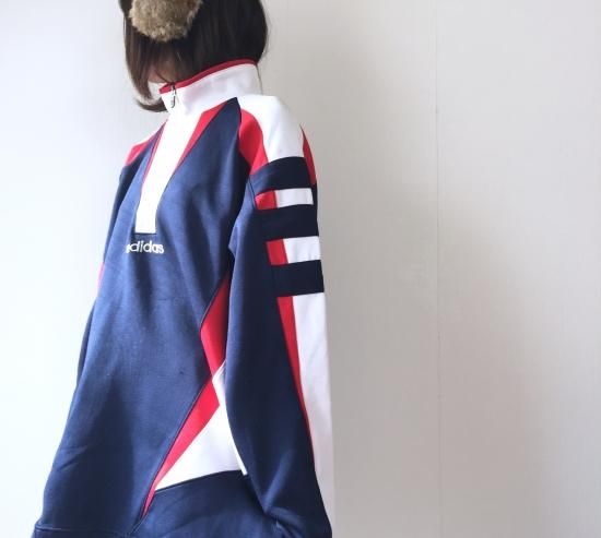 adidas ハーフジップBIGプルオーバー 紺×赤×白 - 古着屋マッシュ adidas ハーフジップBIGプルオーバー 紺×赤×白 - 古着屋マッシュ