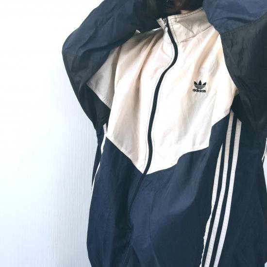 80’s adidas ナイロンジャケット トレホイル ホワイト×ネイビー