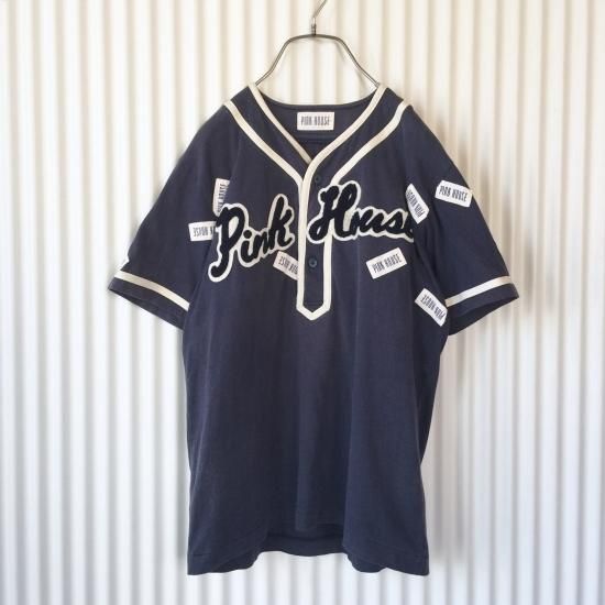 【PINK HOUSE】ベースボール　シャツ　野球　ワッペン　刺繍　ピンクハウス PINK HOUSE ワッペンベースボールT ネイビー -古着屋マッシュ