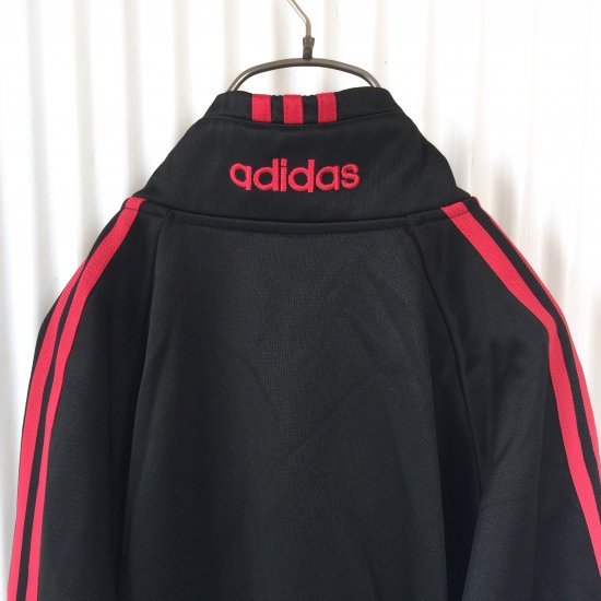 adidasトラックジャケット ネックロゴ刺繍 3本ライン 黒×赤-古着屋マッシュ