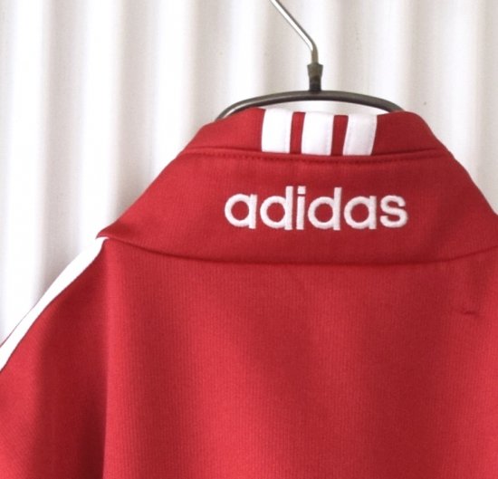 adidas 3本ライン襟ロゴ刺繍トラックジャケット 赤×白-古着屋マッシュ