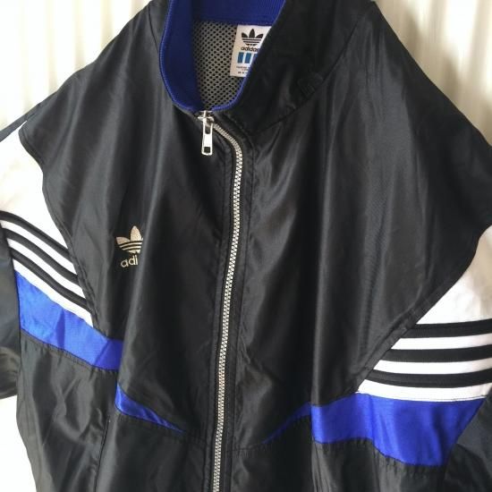 adidas 切り替えデザインナイロンジャケット トレフォイル刺繍 黒×青