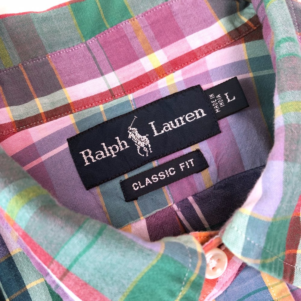 Ralph Lauren ポロ刺繍 マドラスチェックB.Dシャツ-古着屋マッシュ