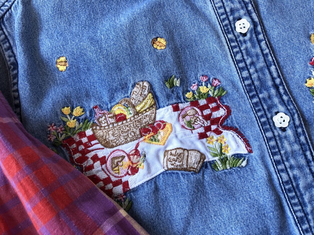 ピクニック刺繍フラワーボタンデニムシャツ-古着屋マッシュ