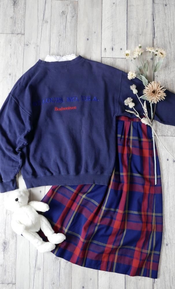 Budweiser バックロゴ刺繍スウェット/navy-古着屋マッシュ