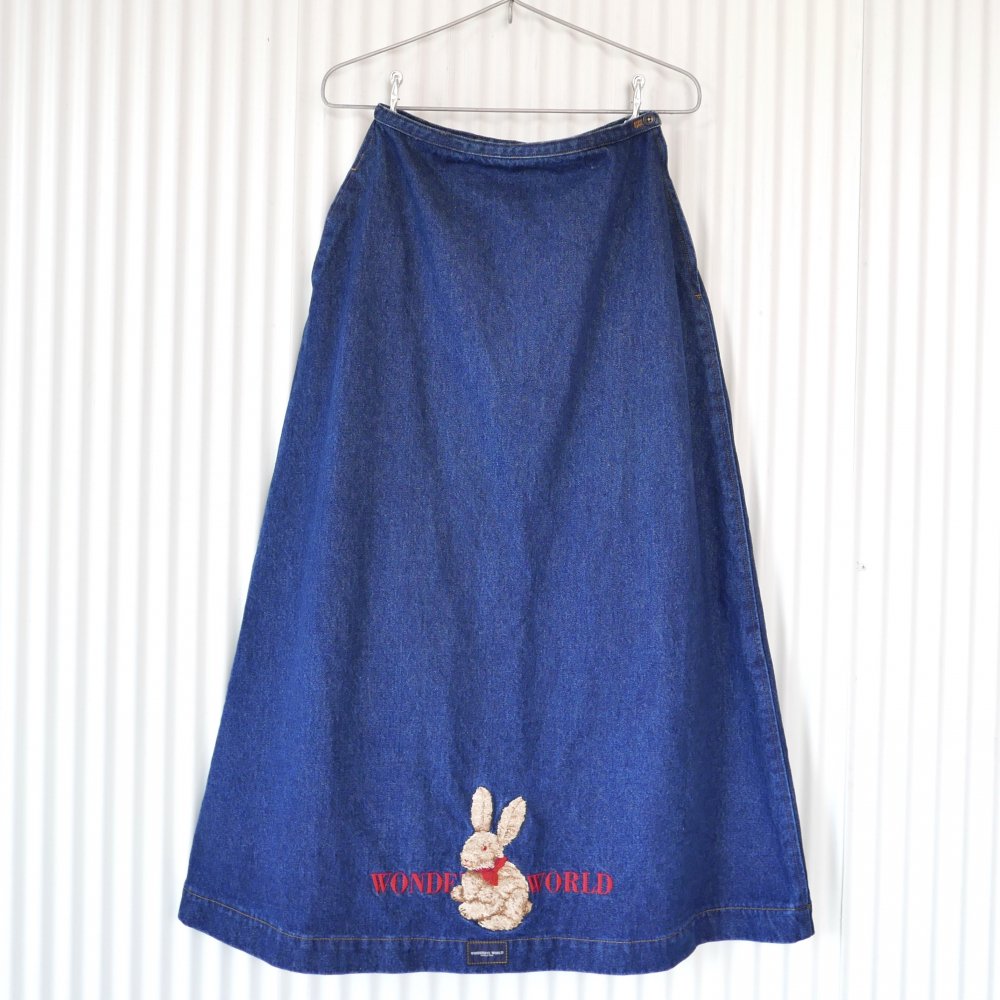 WONDERFUL WORLD リボンうさぎ刺繍デニムスカート-古着屋マッシュ