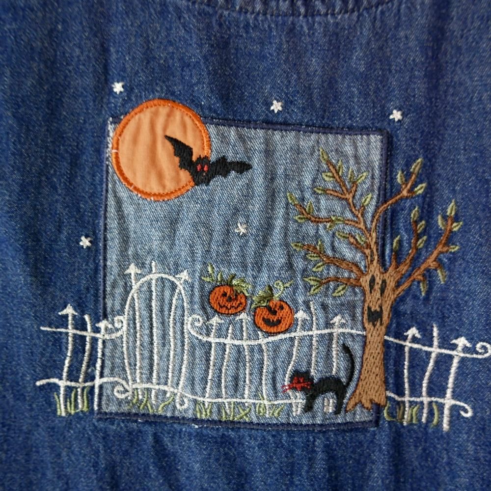 PINK HOUSE 刺繍黒ジャンバースカート 猫 黒猫とおばけの木の刺繍ジャンパースカート -古着屋マッシュ