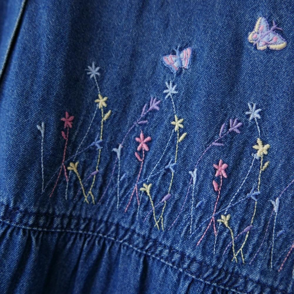 ボビーブルックス　てんとう虫とお花刺繍デニムワンピース　ヴィンテージ　M ボビーブルックス てんとう虫とお花刺繍デニムワンピース