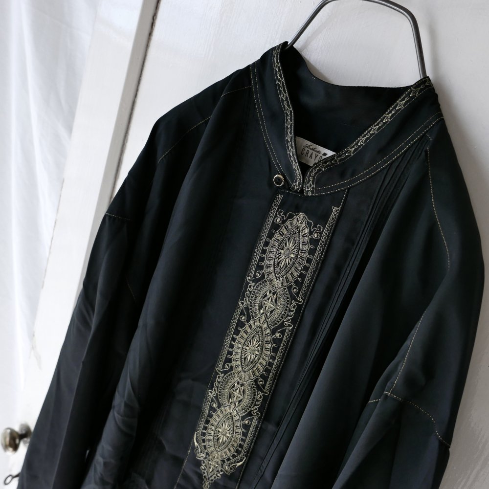 vintage シャツ スタンドカラー 刺繍 比翼 ブラック 黒 金