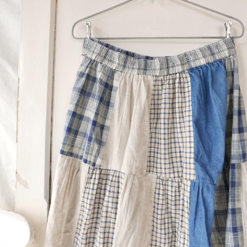 CASUAL CORNER&co デニムチェックパッチワークスカート-古着屋 CASUAL CORNER&co デニムチェックパッチワークスカート-古着屋