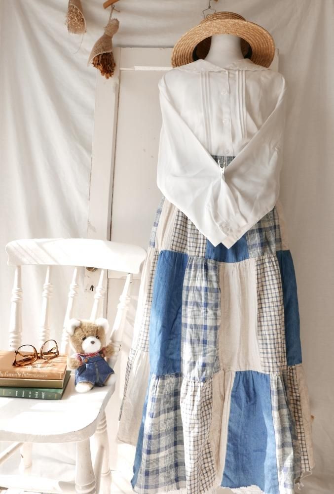 CASUAL CORNER&co デニムチェックパッチワークスカート-古着屋 CASUAL CORNER&co デニムチェックパッチワークスカート-古着屋