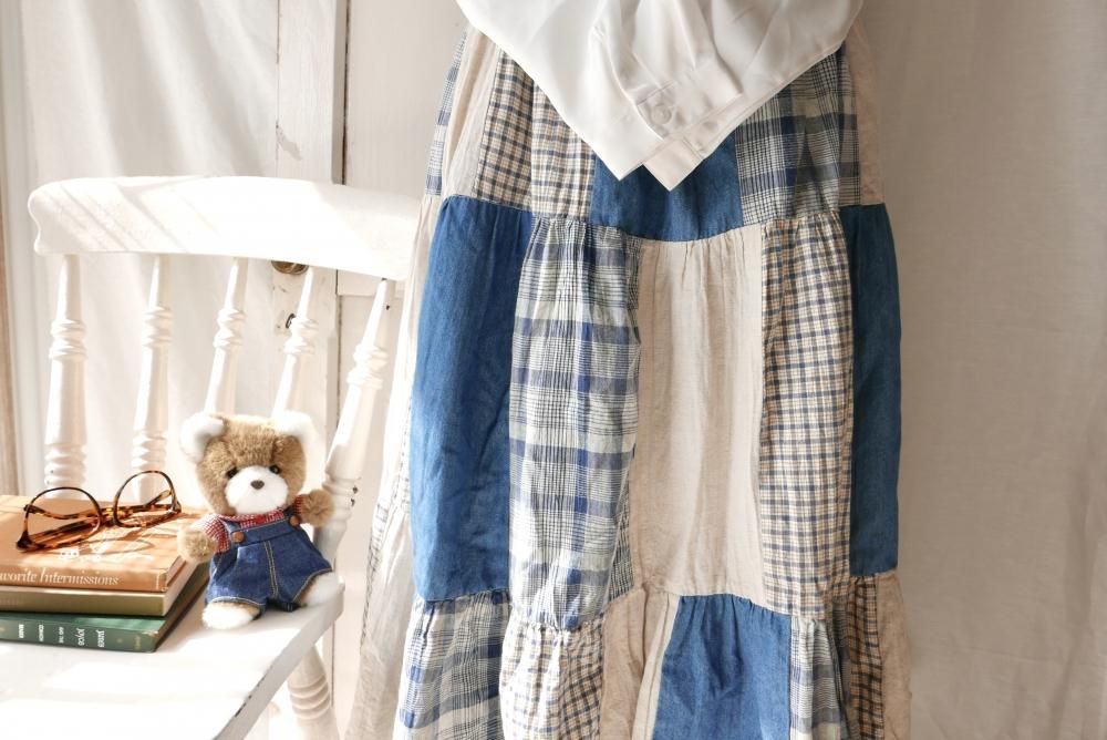 CASUAL CORNER&co デニムチェックパッチワークスカート-古着屋 CASUAL CORNER&co デニムチェックパッチワークスカート-古着屋