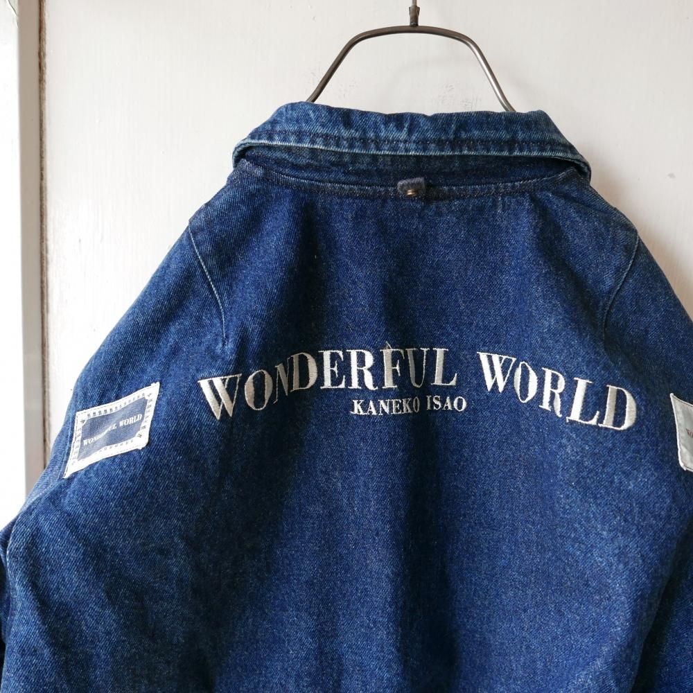 WONDERFUL WORLD バックロゴ刺繍×袖ワッペン デニム中綿ブルゾン－古着